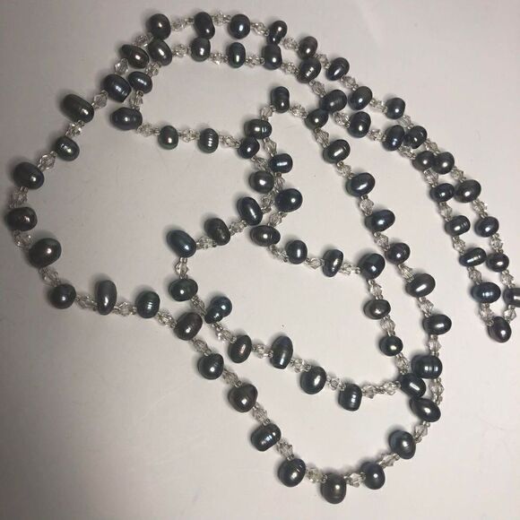 290 Black peacock freshwater pearl crystal long necklace 37" - Picture 1 of 2